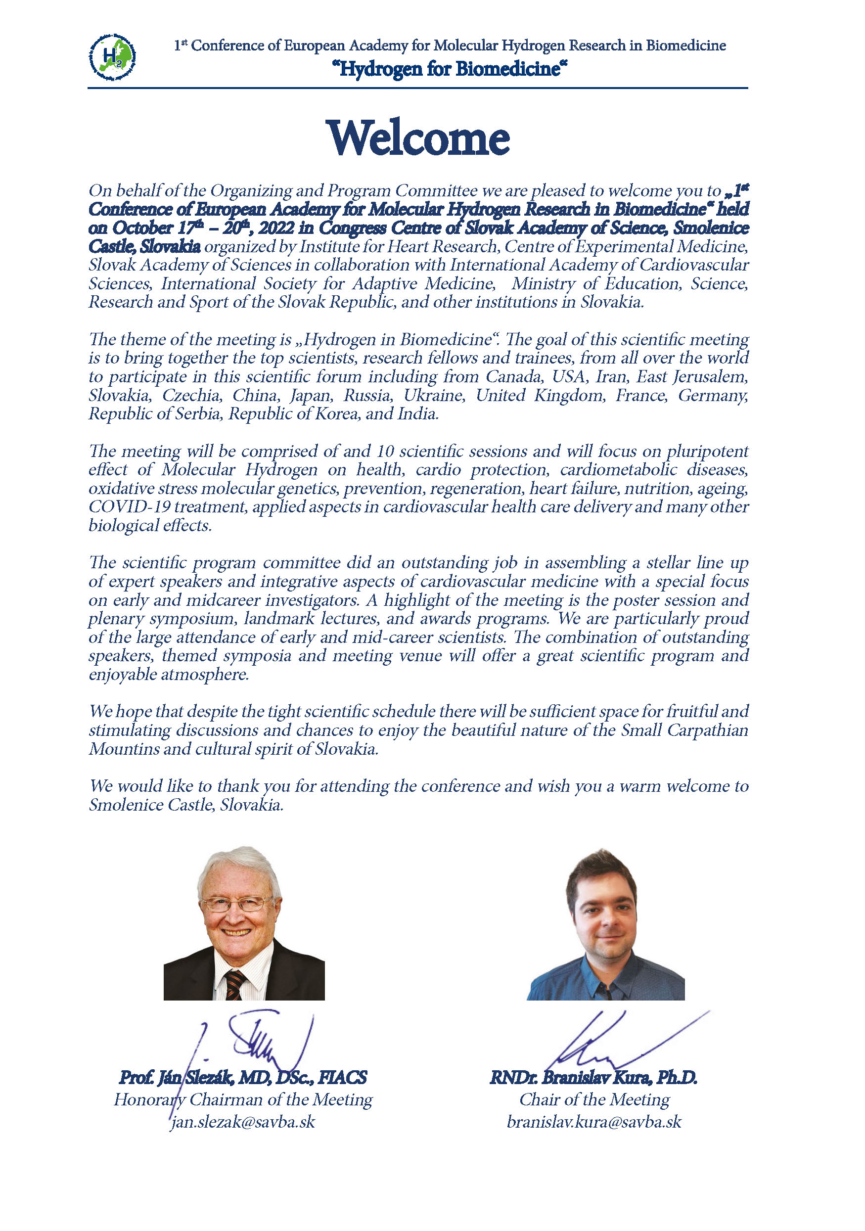 1st conference of European Academy for Molecular Hydrogen Research in Biomedicine “Hydrogen for Biomedicine“
